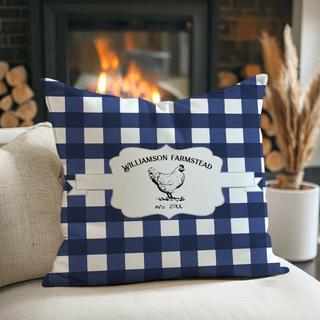 Blue Buffalo Plaid Farm Chicken Throw Pillow (Blue Buffalo Plaid Farm Chicken Throw Pillow)