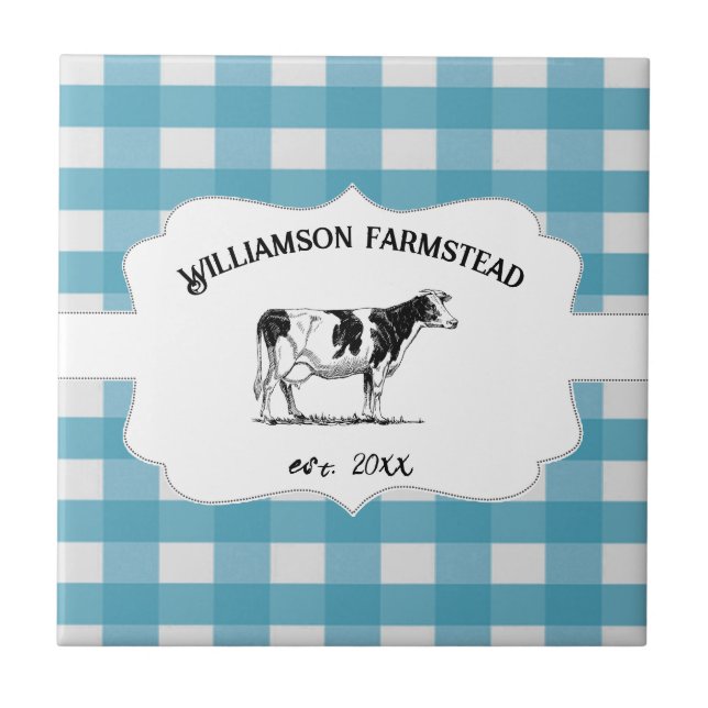 Blue Buffalo Plaid Farm Cow Decorative Ceramic Tile (Front)