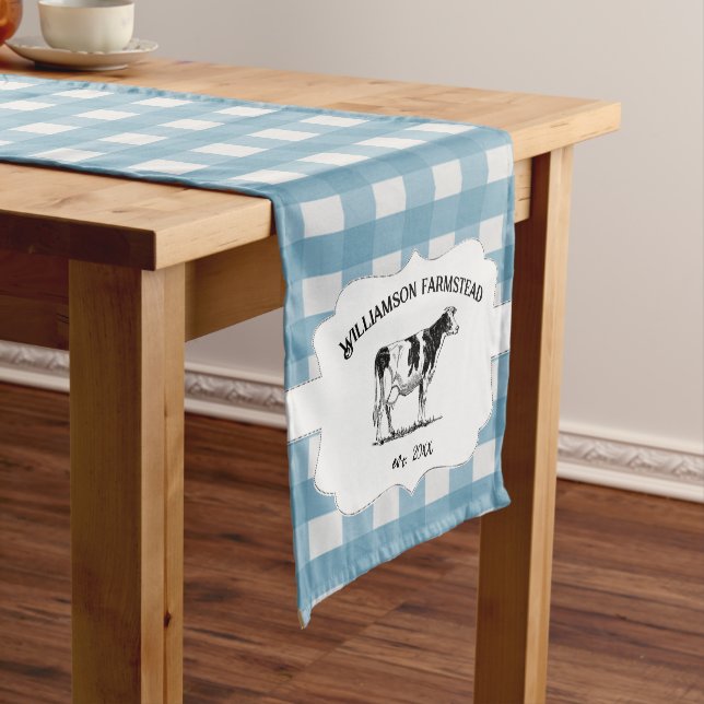 Blue Buffalo Plaid Farm Cow Short Table Runner (In Situ)