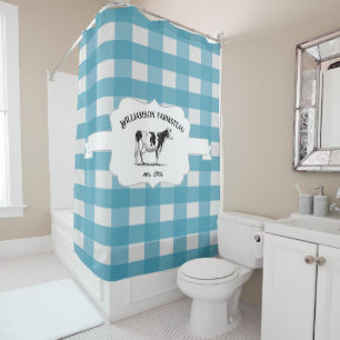 Blue Buffalo Plaid Farm Cow Shower Curtain