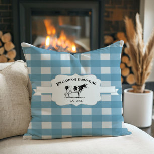 Blue Buffalo Plaid Farm Cow Throw Pillow