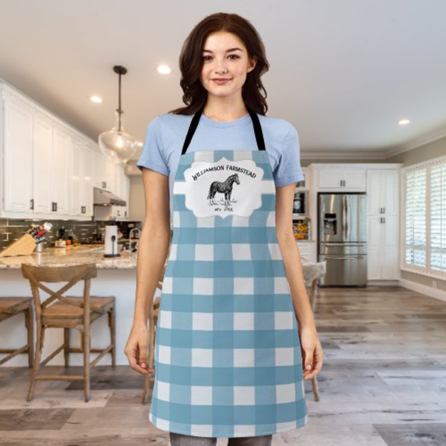 Blue Buffalo Plaid Farm Horse Apron (Blue Buffalo Plaid Farm Horse Personalized Apron)