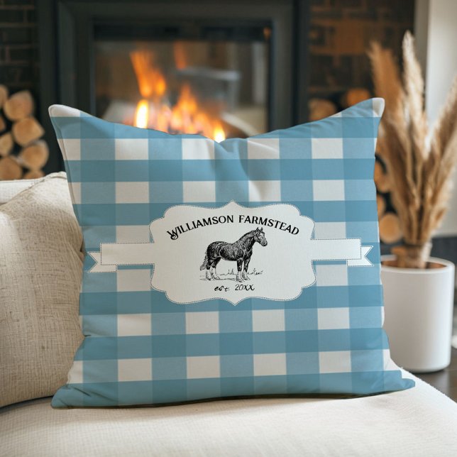 Blue Buffalo Plaid Farm Horse Cushion (Blue Buffalo Plaid Farm Horse Throw Pillow)