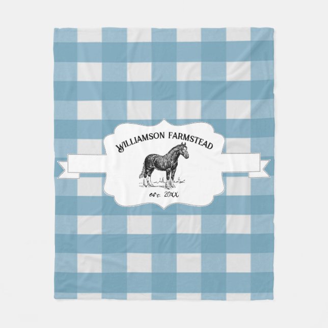 Blue Buffalo Plaid Farm Horse Fleece Blanket (Front)