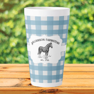 Blue Buffalo Plaid Farm Horse Latte Mug