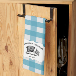 Blue Buffalo Plaid Farm Pig Kitchen Towel