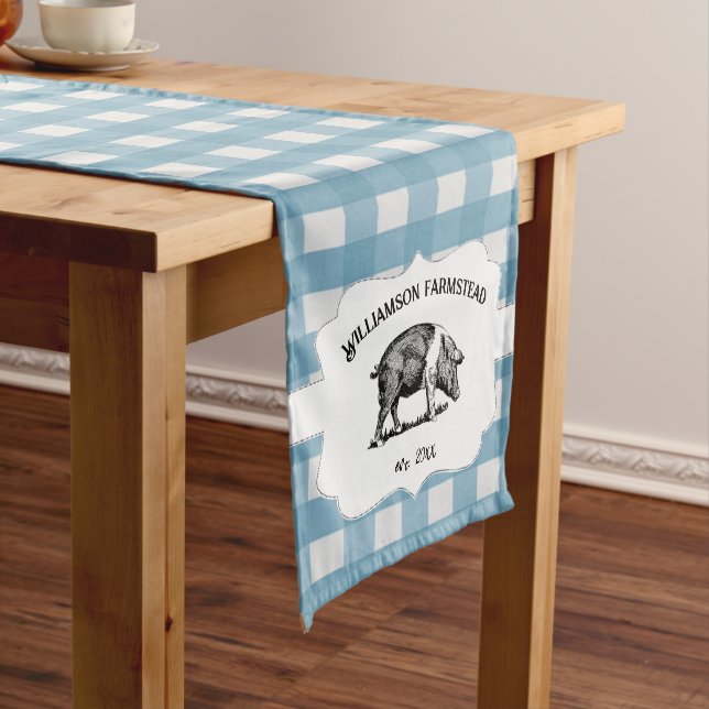 Blue Buffalo Plaid Farm Pig Short Table Runner (In Situ)