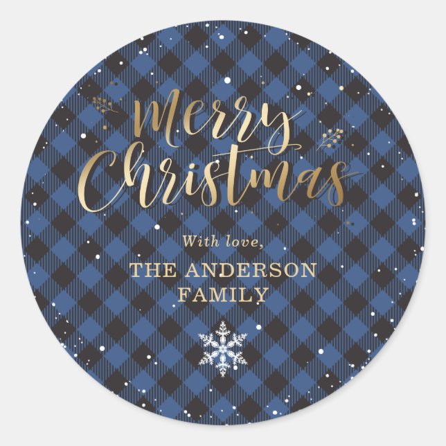 Blue Buffalo Plaid Gold Snow Christmas Classic Round Sticker (Front)