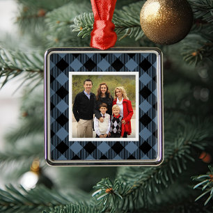 Blue Buffalo Plaid Holiday Photo Metal Ornament