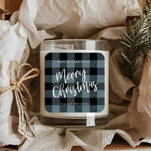 Blue Buffalo Plaid Merry Christmas Candle  Square Sticker