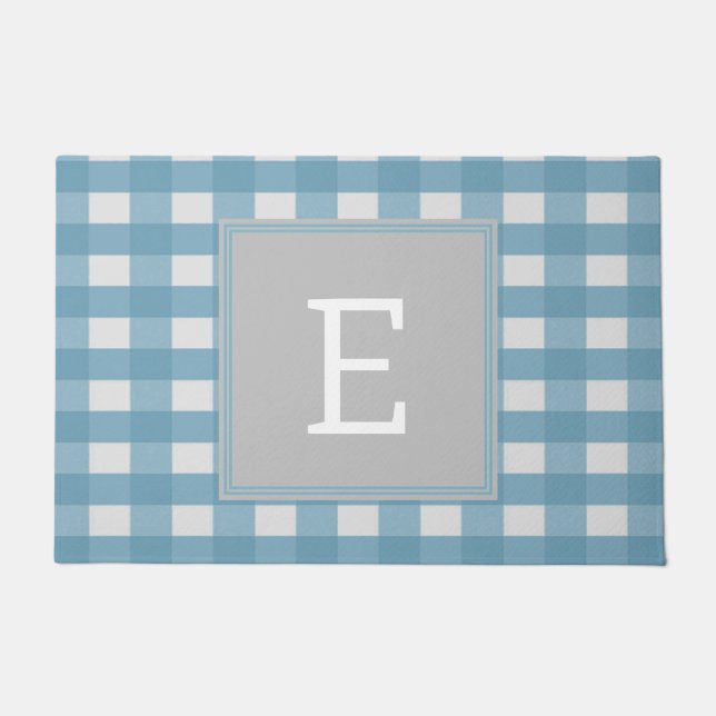 Blue Buffalo Plaid Monogram Doormat (Front)