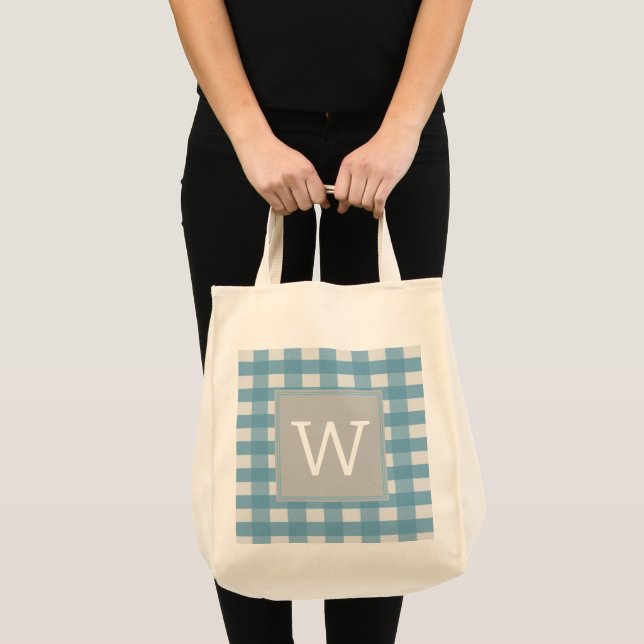 Blue Buffalo Plaid Monogram Tote Bag (Front (Product))