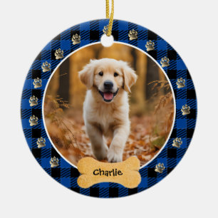 Blue Buffalo Plaid Pattern Gold Pet Print Family Ceramic Ornament