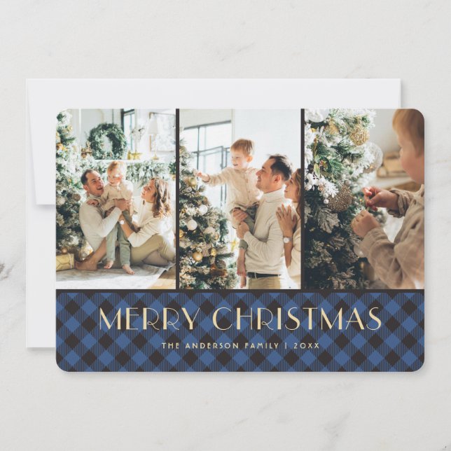 Blue Buffalo Plaid Photo Collage Christmas Cards (Front)