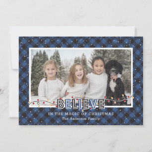 Blue Buffalo Plaid Snow Believe Photo Holiday Card