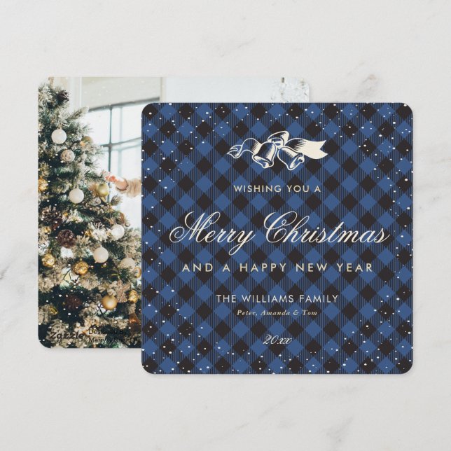 Blue Buffalo Plaid Snow Classic Photo Holiday Card (Front/Back)