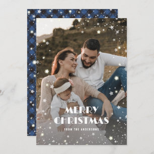 Blue Buffalo Plaid Snow Stars Photo Christmas Holiday Card