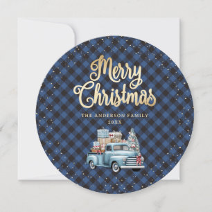 Blue Buffalo Plaid Snow Truck Christmas Cards