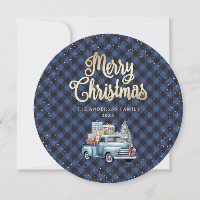 Blue Buffalo Plaid Snow Truck Christmas Cards (Front)