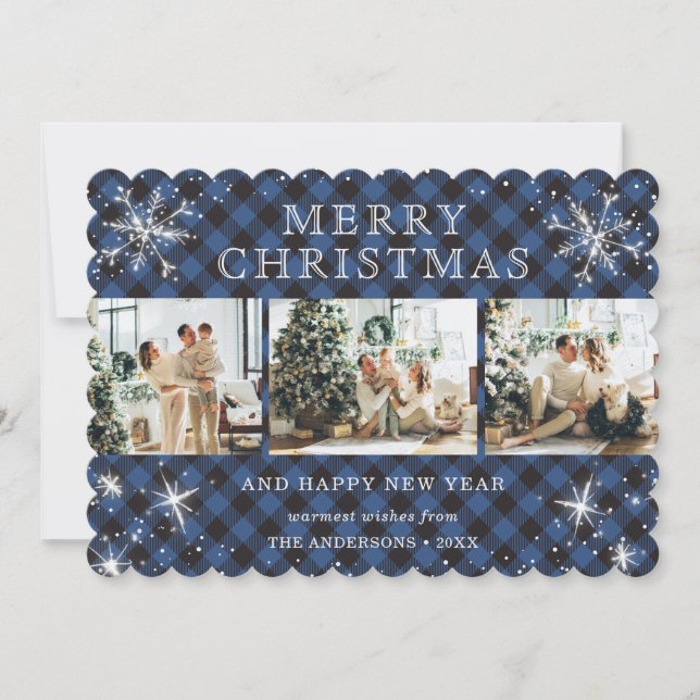 Blue Buffalo Plaid Snowflake 3 Photo Collage Holiday Card (Front)