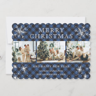 Blue Buffalo Plaid Snowflake 3 Photo Collage Holiday Card