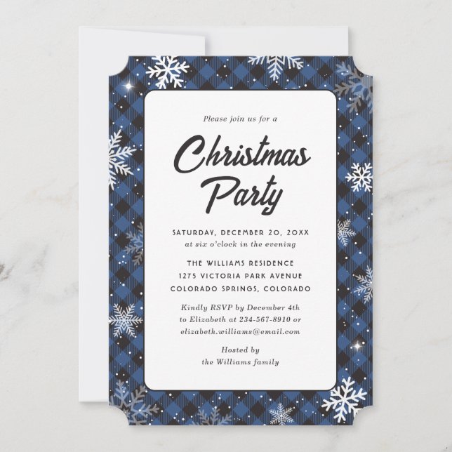 Blue Buffalo Plaid Snowflake Christmas Party Invitation (Front)