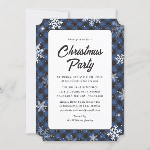 Blue Buffalo Plaid Snowflake Christmas Party Invitation