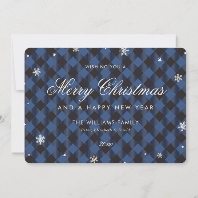 Blue Buffalo Plaid Snowflake Holiday Card (Front)