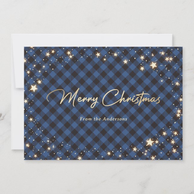 Blue Buffalo Plaid Stars Christmas Cards (Front)