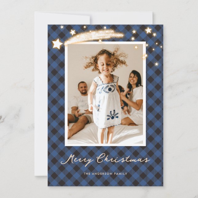 Blue Buffalo Plaid Stars Photo Christmas Cards (Front)
