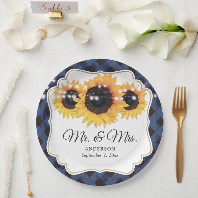 Blue Buffalo Plaid Sunflower Mr and Mrs Wedding Paper Plate (Wedding)