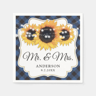 Blue Buffalo Plaid Sunflower Mr. & Mrs. Wedding Napkin