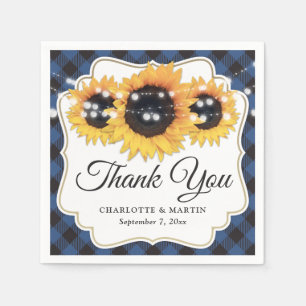 Blue Buffalo Plaid Sunflower Wedding Napkin
