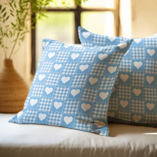 Blue Buffalo Plaid with Hearts Cushion
