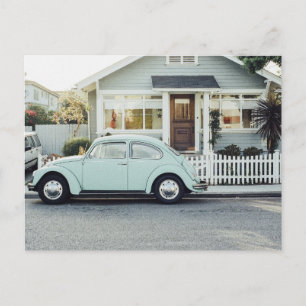 BLUE BUG vintage car & Cottage Postcard