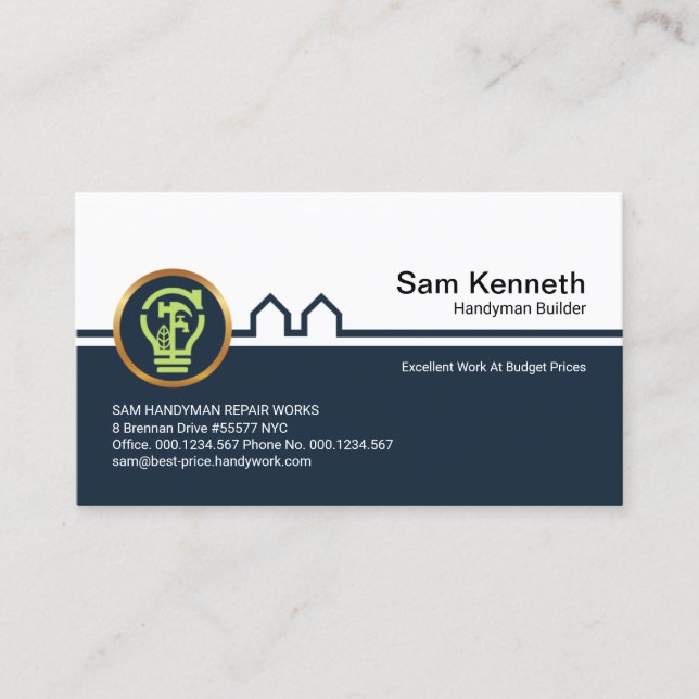 Blue Building Handyman Light Bulb Home Repairs Business Card (Front)
