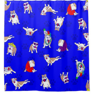 blue bulldog funny puppy dog whimsical paw prints shower curtain