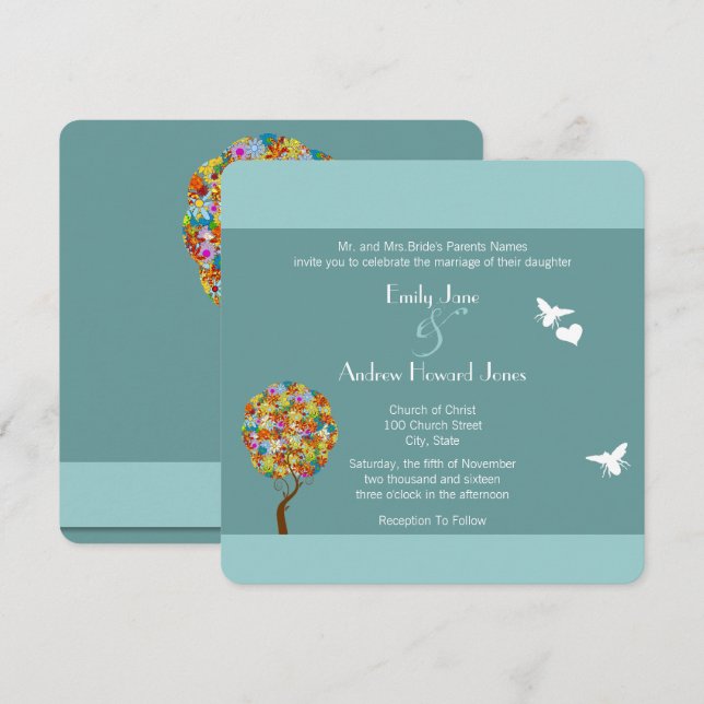 Blue Bumble Bee Forest Fairy Tale Wedding Invite (Front/Back)