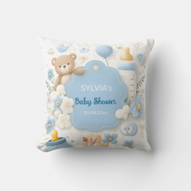 Blue Bundle Joy: Baby Boy Shower Throw Pillow (Front)