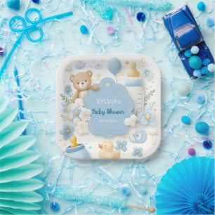 Blue Bundle Joy: Teddy Bear Baby Boy Shower Paper Plate