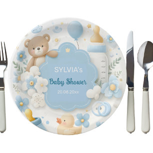 Blue Bundle Joy: Teddy Bear Baby Boy Shower Paper Plate