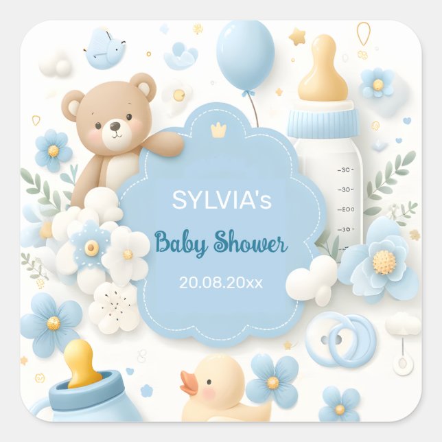 Blue Bundle Joy: Teddy Bear Baby Boy Shower Square Sticker (Front)