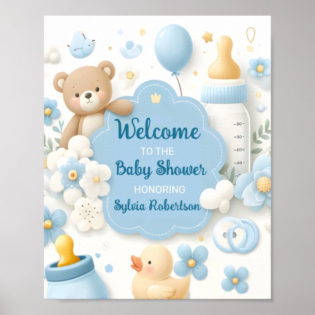 Blue Bundle Joy:Teddy Bear Baby Boy Shower Welcome Poster (Front)