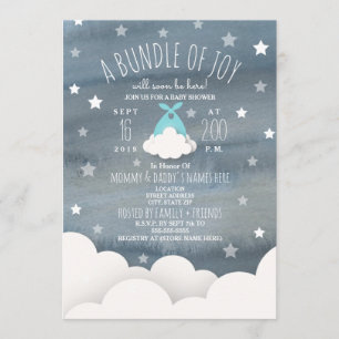 Blue Bundle of Joy Clouds + Stars Watercolor Baby Invitation