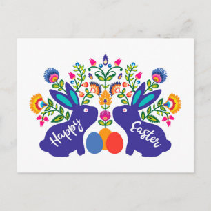 Blue 🐰 Bunnies with  Folklore Flowers Custom Text Postcard
