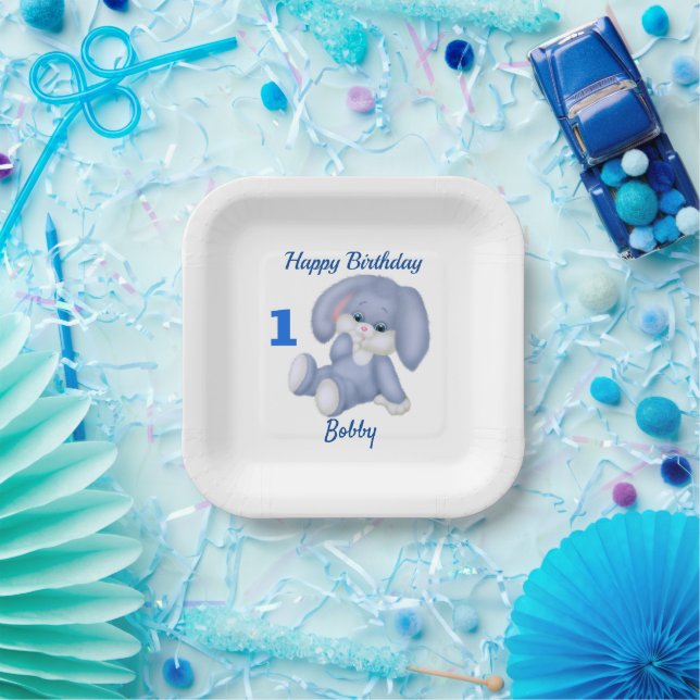Blue Bunny Boys 1st Birthday Personalise Name Age Paper Plate (Party)
