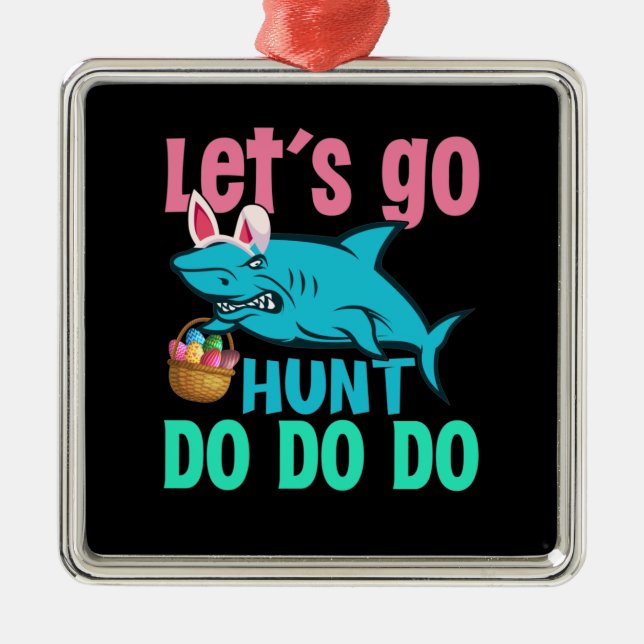Blue Bunny Ears Shark Easter Egg Hunt Metal Ornament (Front)