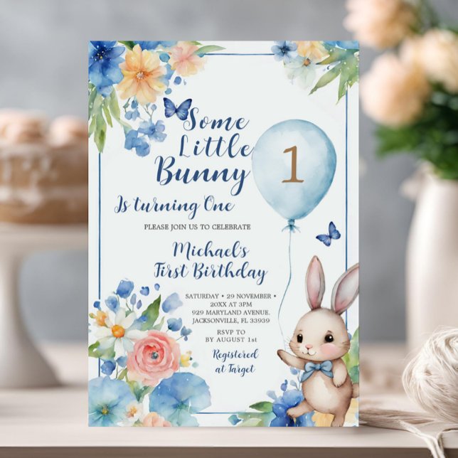 Blue Bunny Easter Birthday Colourful Floral Invitation (Creator Uploaded)
