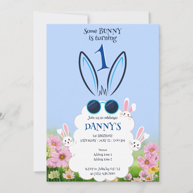 Blue Bunny Flower Garden Spring Summer Birthday Invitation (Front)