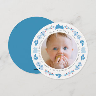 Blue Bunny Folk Art Baby New Year Photo Card